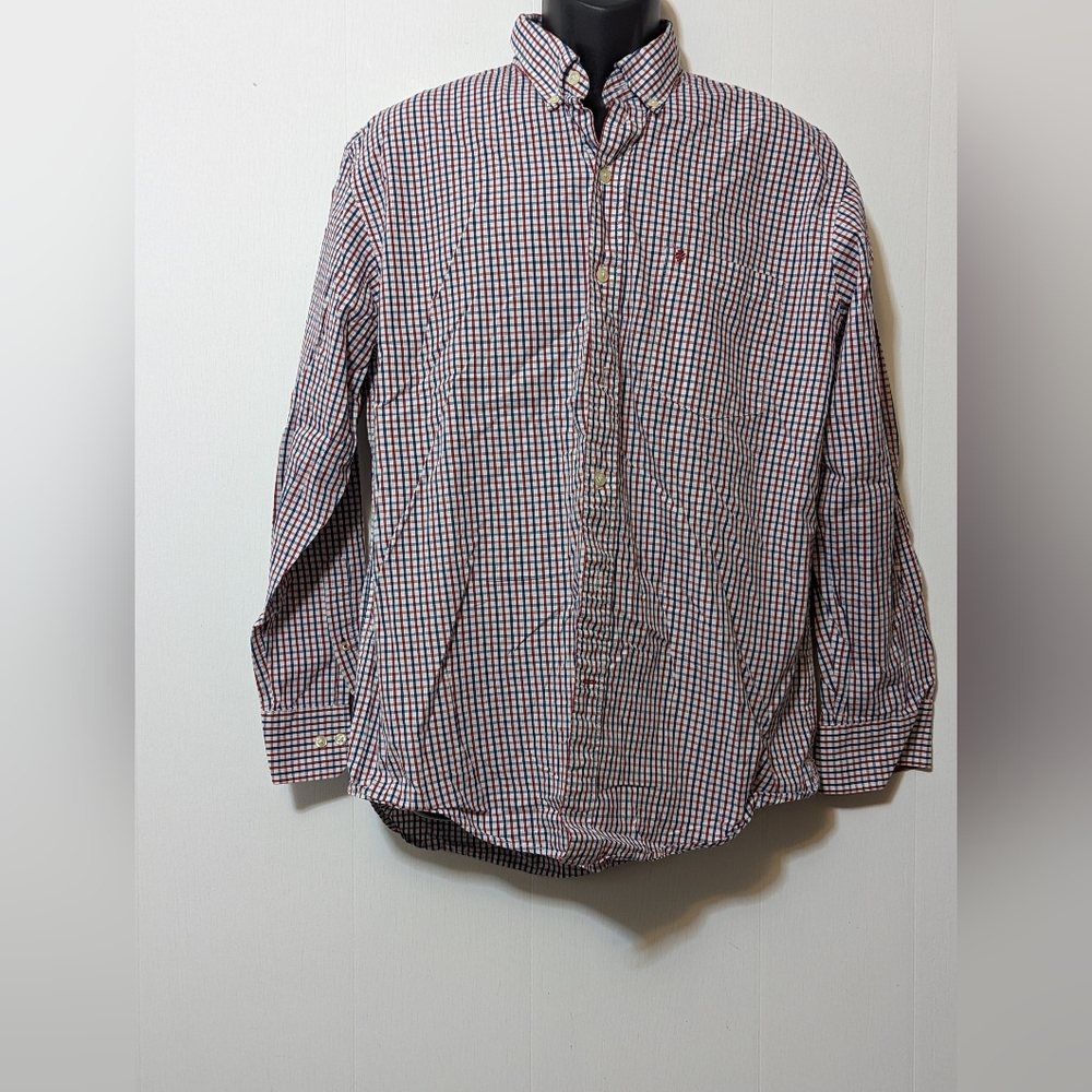 Men's Izod Blue Red Plaid Long Sleeve Button Up Size Large